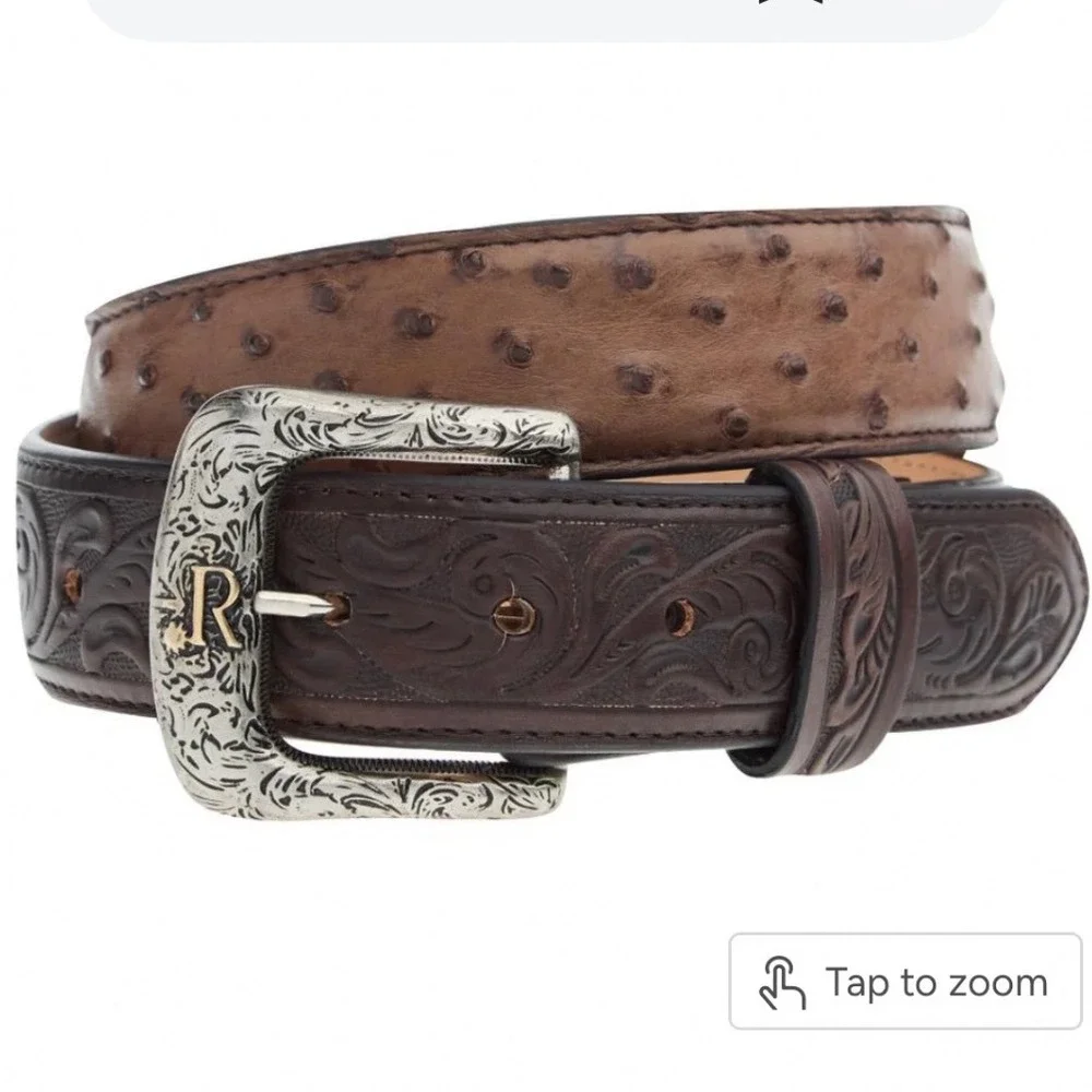 R Watson Belt Mens 40 Brown Kango Tobac Full‎ Quill Ostrich Tooled RWB2312